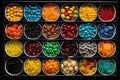 Mix of candies in box. Marshmallows, candies, dragee, fruit jelly. Top view flat lay. Generative AI Royalty Free Stock Photo