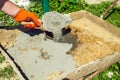 Mix the cement with sand and water with a trowel. Builder is hand in a glove with a trowel during work Royalty Free Stock Photo