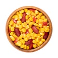 Mix of canned corn, kidney beans and diced bell pepper, in wooden bowl Royalty Free Stock Photo