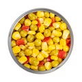 Canned mix of corn, green peas and diced red bell pepper, in an open can Royalty Free Stock Photo