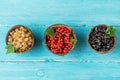 Mix of currant berries black, red and white in a bowls on blue wooden background. summer food concept. flat lay Royalty Free Stock Photo