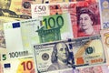 Mix of currencies banknotes - Dollar, Pound Sterling, Euro Royalty Free Stock Photo