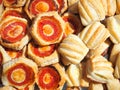 Mix of delicious appetizers and small pizzas made of puff pastry Royalty Free Stock Photo