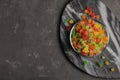 Mix of delicious candied fruits on grey table, top view. Space for text Royalty Free Stock Photo