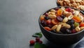 Mix of delicious dried nuts and fruits, closeup Royalty Free Stock Photo