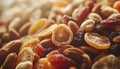Mix of delicious dried nuts and fruits, closeup Royalty Free Stock Photo