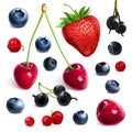 Mix of different berries, fresh assorted strawberries, currants, blueberries, bog whortleberry, sweet cherri