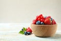 Mix of different fresh berries in bowl on table. Space for text Royalty Free Stock Photo