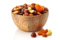 mix of different nuts and dried fruits in wooden bowl Royalty Free Stock Photo