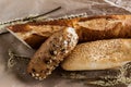 Mix of different varieties of bread lying on a wooden table Royalty Free Stock Photo