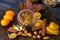 Mix dried fruit and nuts on a wooden background.