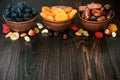 Mix of dried fruits and nuts on a dark wood background with copy space. Symbols of judaic holiday Tu Bishvat. Royalty Free Stock Photo