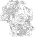 Mix flowers bouquet with roses and small flowers sketch. Vector illustration in black and white. Royalty Free Stock Photo