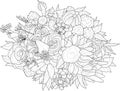 Mix flowers bouquet with roses and sunflower sketch. Vector illustration in black and white Royalty Free Stock Photo