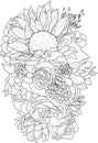 Mix flowers bouquet with roses and sunflowers sketch. Vector illustration in black and white. Royalty Free Stock Photo