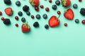 Mix of fresh berries on background, top view and space for text Royalty Free Stock Photo
