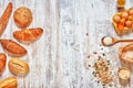 Mix of fresh bread and ingredients frame. Rustic table. Place for text. Royalty Free Stock Photo