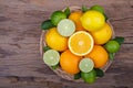 Mix of fresh citrus fruits in basket on wood Royalty Free Stock Photo