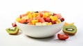 mix of fresh, colorful fruits including strawberries, kiwis, and melons artfully arranged in a white bowl on a clean, white