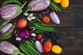 Mix of fresh farmers market vegetable from above on the old wooden board with copy space. Healthy eating background. Top view Royalty Free Stock Photo