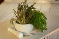 Mix Fresh Green Herbs. Thyme, Rosemary, Dill and Parsley in the mortar on white background. Royalty Free Stock Photo