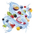 Mix of fruits and berries with water splashes isolated on white background Royalty Free Stock Photo