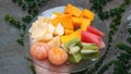 Mix fruits. Just my preference colours in my plate almost everyday. Looks like a rainbow doesn& x27;t it?