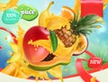 Mix fruits. Splash of juice. 3d vector, package design Royalty Free Stock Photo