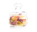 Mix of fruity jelly candy in jar isolated on white background Royalty Free Stock Photo