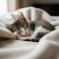 With a mix of gray, black, and white fur, is peacefully sleeping on a Royalty Free Stock Photo