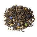 Mix green tea with cornflower petals, marigold, candied fruit, apricot aroma, isolated on white.