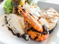 A mix of grilled fish, calamari, prawns, swordfish, with salad and lemon Royalty Free Stock Photo