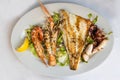 Mix grilled Italian seafood platter consisting shrinps, fish, cuttle fish with salad dressing Royalty Free Stock Photo