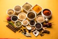 Indian Raw Spice Powder in white bowls over red or yellow or green background, selective focus