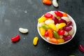 A mix of jelly beans candy in white bowl. sweet food Royalty Free Stock Photo