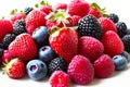 Mix of juicy berries, including strawberries, raspberries, blackberries on white background. Generative AI Royalty Free Stock Photo