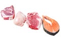 Mix of meat raw steaks salmon, beef, pork and chicken. Isolated on white background, Top view. Royalty Free Stock Photo