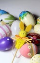 Mix of multicolored vivid Easer eggs and rabbit Royalty Free Stock Photo