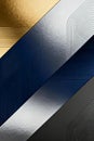 Geometric abstract design featuring diagonal panels in metallic gold, silver, navy blue, and black. Royalty Free Stock Photo