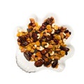 Mix of nuts and berries: raisins, hazelnut, cashews, almonds, cranberries, dried dates and apricots. Plate of dried