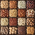 Assorted nuts on wooden table background. composition organic food in square bowls, top view Royalty Free Stock Photo