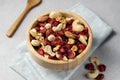 Mix of nuts cashews, almonds, hazelnuts with dried cranberries. Royalty Free Stock Photo