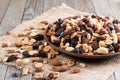 Mix of nuts and dried fruits in a bowl on a wooden background. Healthy food Royalty Free Stock Photo