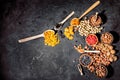 Mix of nuts and dried fruits on dark background Royalty Free Stock Photo