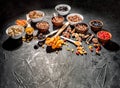 Mix of nuts and dried fruits on dark background Royalty Free Stock Photo