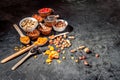 Mix of nuts and dried fruits on dark background Royalty Free Stock Photo
