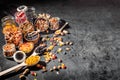 Mix of nuts and dried fruits on dark background Royalty Free Stock Photo