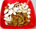 Mix of nuts and dried fruits. Gold pistachios, cashews, Raisin, almonds Royalty Free Stock Photo