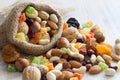Mix of nuts and dried fruits on light background Royalty Free Stock Photo