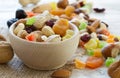 Mix of nuts and dried fruits in wooden bowl Royalty Free Stock Photo